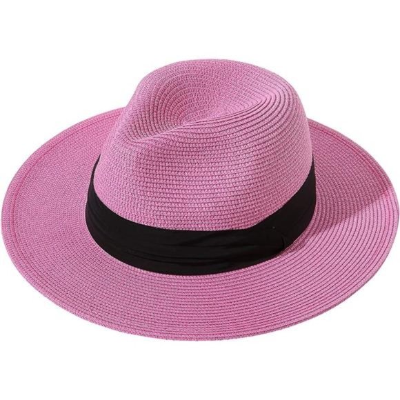 Women Wide Brim Straw Panama Roll Up Hat Rose